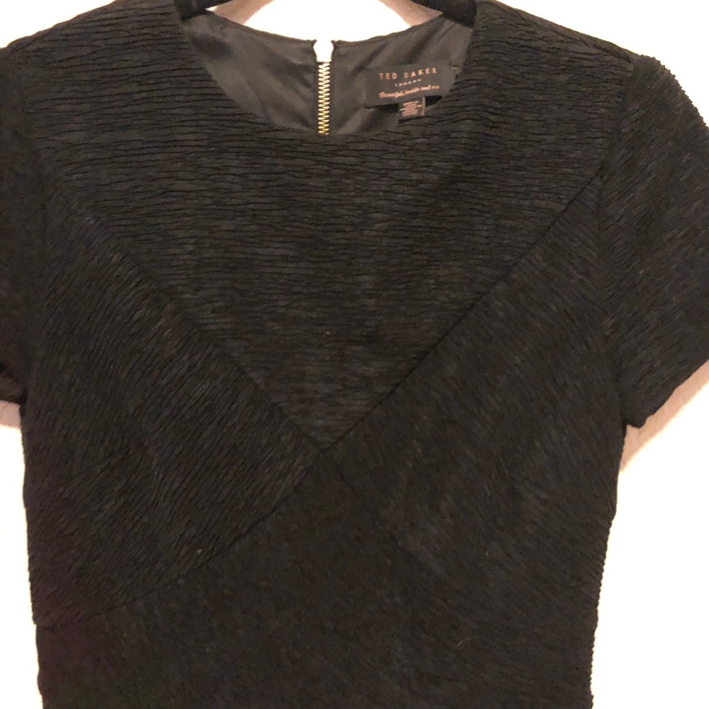 Black Ted Baker dress textured with gold zipper